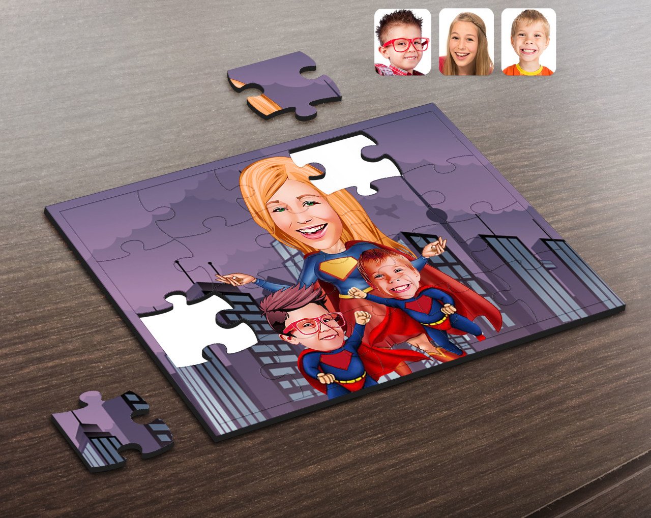 Kişiye Özel Süper Anne ve Süper Çocuklar Karikatürlü Ahşap Puzzle-1
