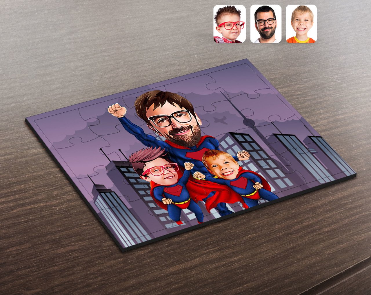 Kişiye Özel Süper Baba ve 2 Çocuk Karikatürlü Ahşap Puzzle-1