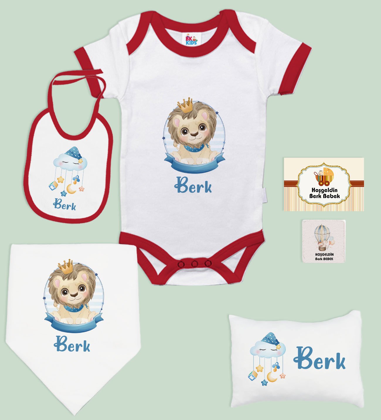 BK Kids Kişiye Özel İsimli 6 Parça Kırmızı Bebek Body Zıbın Battaniye ve Yastık Hediye Seti, Yeni Doğan Bebek Giyim Hediyesi-5