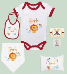 BK Kids Kişiye Özel İsimli 6 Parça Kırmızı Bebek Body Zıbın Battaniye ve Yastık Hediye Seti, Yeni Doğan Bebek Giyim Hediyesi-7