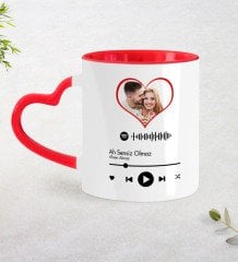 Kişiye Özel Fotoğraflı Spotify Barkodlu Kırmızı Kalpli Kupa Bardak-1