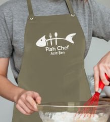 BK Gift Kişiye Özel Balık Şef Haki Yeşil Profosyonel Önlük - 1, Aşçı Önlüğü, Şef Önlüğü, Babaya Hediye