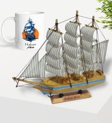 Kişiye Özel Ahşap El Yapımı Yelkenli Gemi 26cm ve Gemi Tasarımlı Kupa Hediye Seti-3