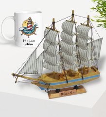 Kişiye Özel Ahşap El Yapımı Yelkenli Gemi 26cm ve Dümen Tasarımlı Kupa Hediye Seti-4