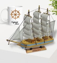 Kişiye Özel Ahşap El Yapımı Yelkenli Gemi 26cm ve Dümen Tasarımlı Kupa Hediye Seti-6