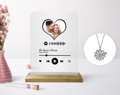 Kişiye Özel Kalpli Fotoğraflı Spotify Barkodlu Plak ve Silver İsimli Papatya Kolye Seti-1