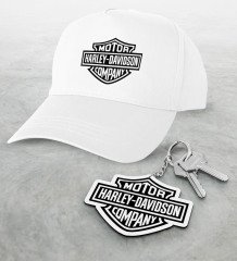 Harley Davidson Beyaz Şapka ve Ahşap Anahtarlık Seti-1