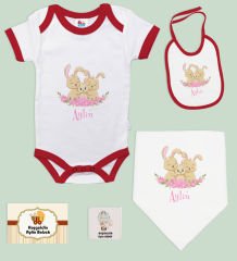 BK Kids Kişiye Özel İsimli 5 Parça Kırmızı Bebek Body Zıbın ve Battaniye Hediye Seti, Yeni Doğan Bebek Giyim Hediyesi-3