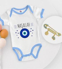 BK Kids Kişiye Özel Maşallah Tasarımlı Mavi Bebek Body Zıbın ve Erkek Bebek İğnesi Hediye Seti-1