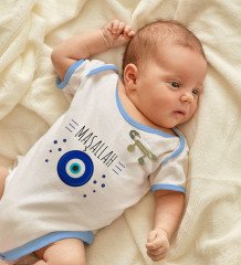 BK Kids Kişiye Özel Maşallah Tasarımlı Mavi Bebek Body Zıbın ve Erkek Bebek İğnesi Hediye Seti-1