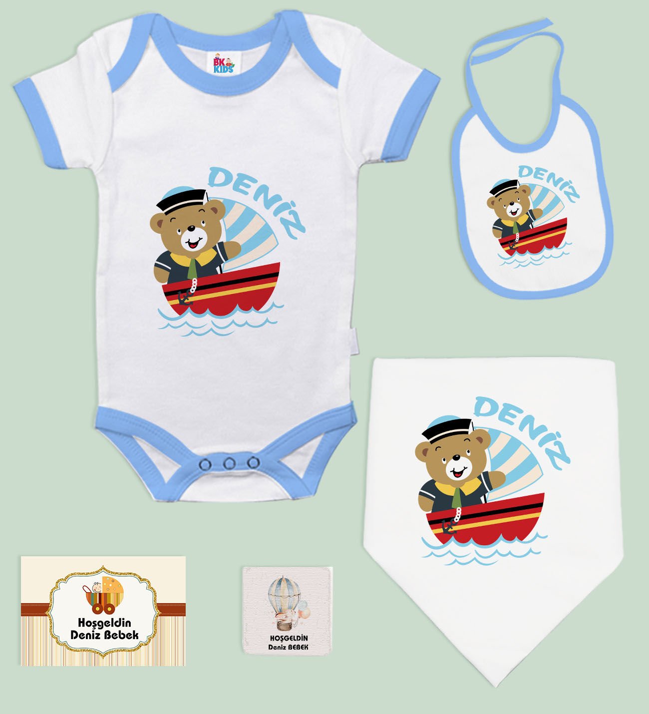 BK Kids Kişiye Özel İsimli 5 Parça Mavi Bebek Body Zıbın ve Battaniye Hediye Seti, Yeni Doğan Bebek Giyim Hediyesi-1