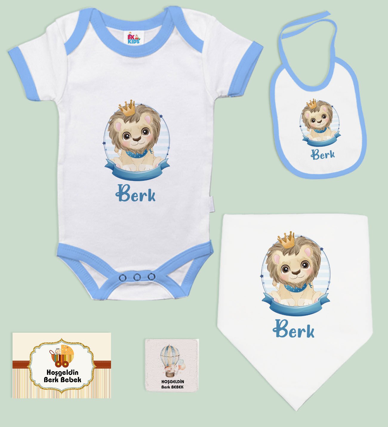 BK Kids Kişiye Özel İsimli 5 Parça Mavi Bebek Body Zıbın ve Battaniye Hediye Seti, Yeni Doğan Bebek Giyim Hediyesi-2