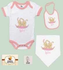 BK Kids Kişiye Özel İsimli 5 Parça Pembe Bebek Body Zıbın ve Battaniye Hediye Seti, Yeni Doğan Bebek Giyim Hediyesi-2
