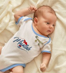 BK Kids Kişiye Özel Maşallah Tasarımlı Mavi Bebek Body Zıbın ve Erkek Bebek İğnesi Hediye Seti-3