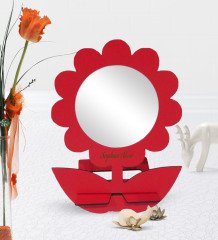 Kişiye Özel Kırmızı Papatya Tasarımlı Ahşap Masa ve Makyaj Aynası