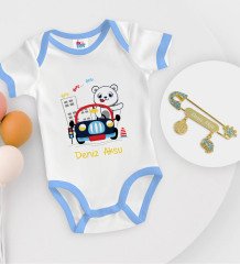 BK Kids Kişiye Özel Sevimli Sürücü Tasarımlı Mavi Bebek Body Zıbın ve Erkek Bebek İğnesi Hediye Seti-1