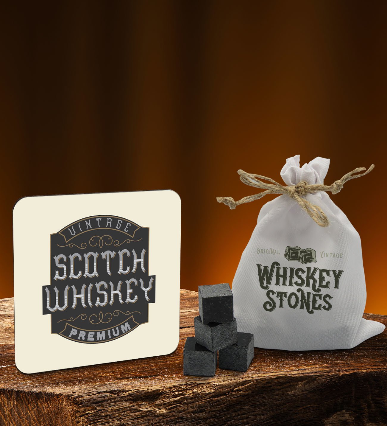 BK Gift Whiskey Tasarımlı Ahşap Bardak Altlığı ve 6’lı Granit Viski Taşı Hediye Seti - Model 2