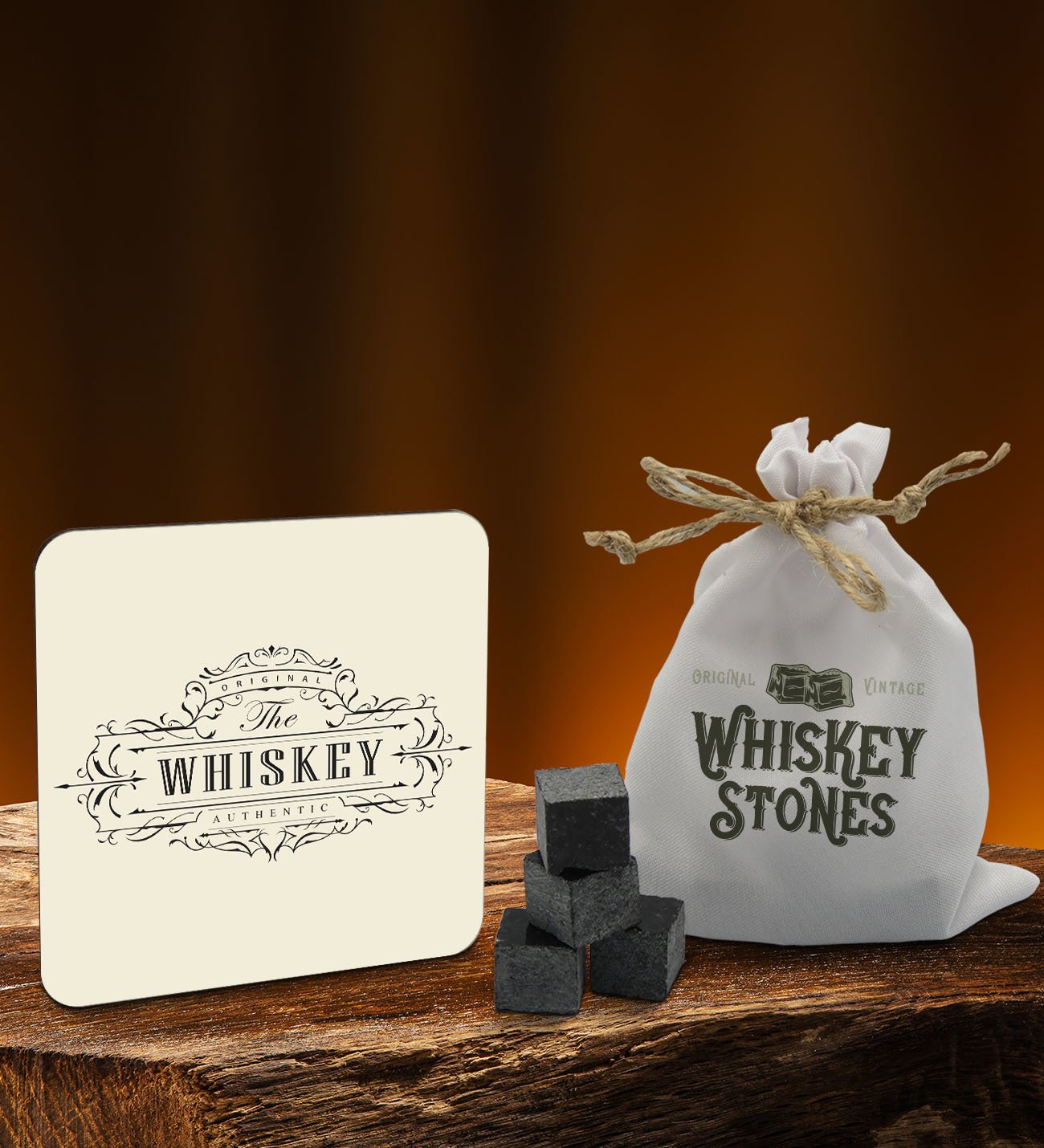 BK Gift Whiskey Tasarımlı Ahşap Bardak Altlığı ve 6’lı Granit Viski Taşı Hediye Seti - Model 3