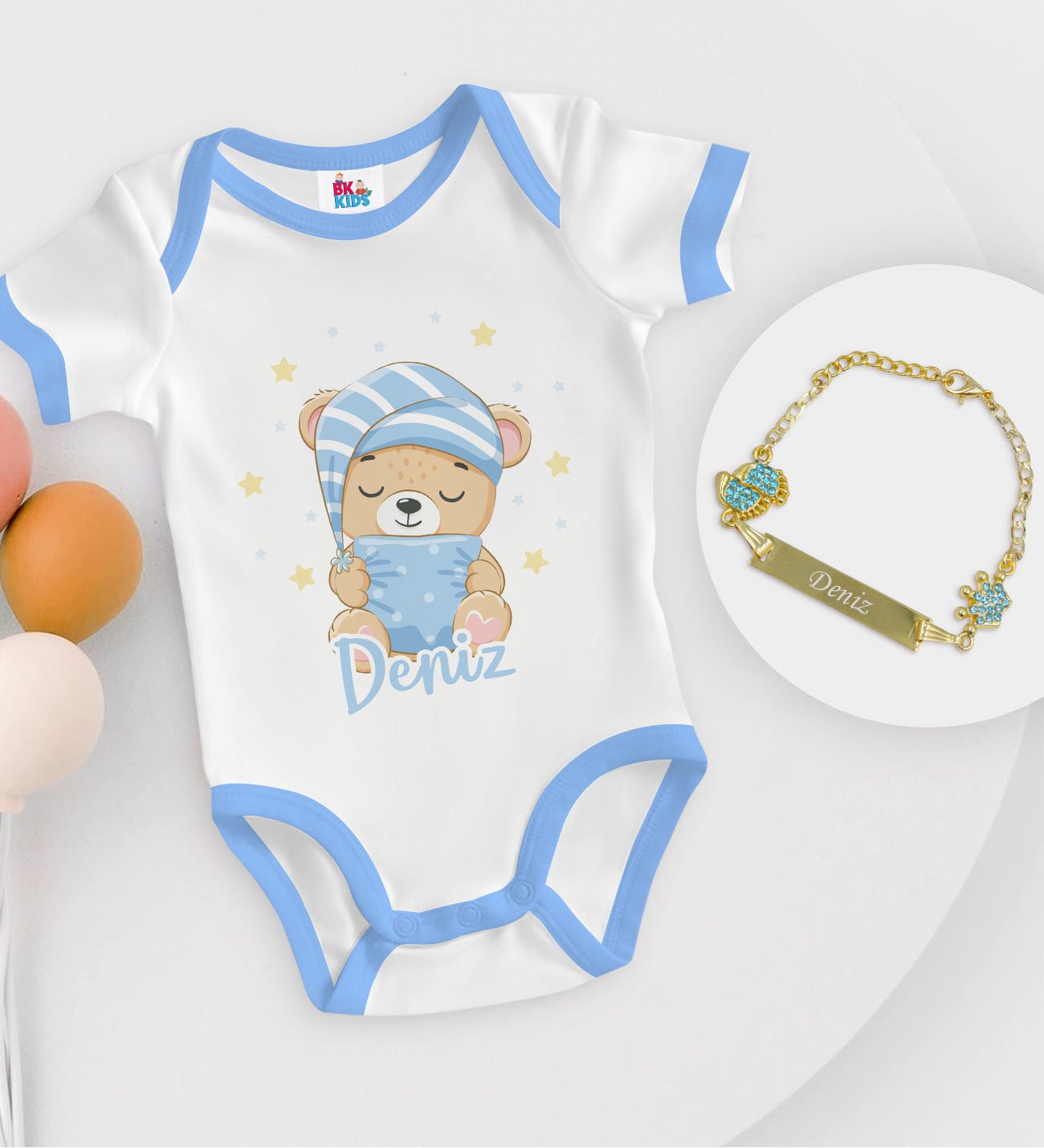 BK Kids Kişiye Özel İsimli Mavi Bebek Body Zıbın ve Erkek Bebek Künyesi Hediye Seti-7