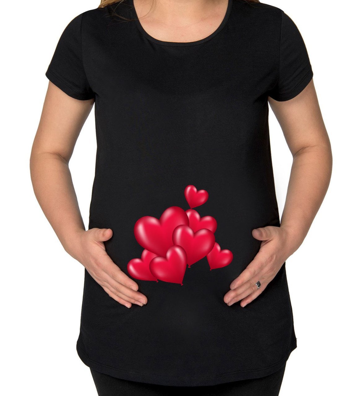 BK Gift Kalpler Tasarımlı Siyah Hamile Tişört-1