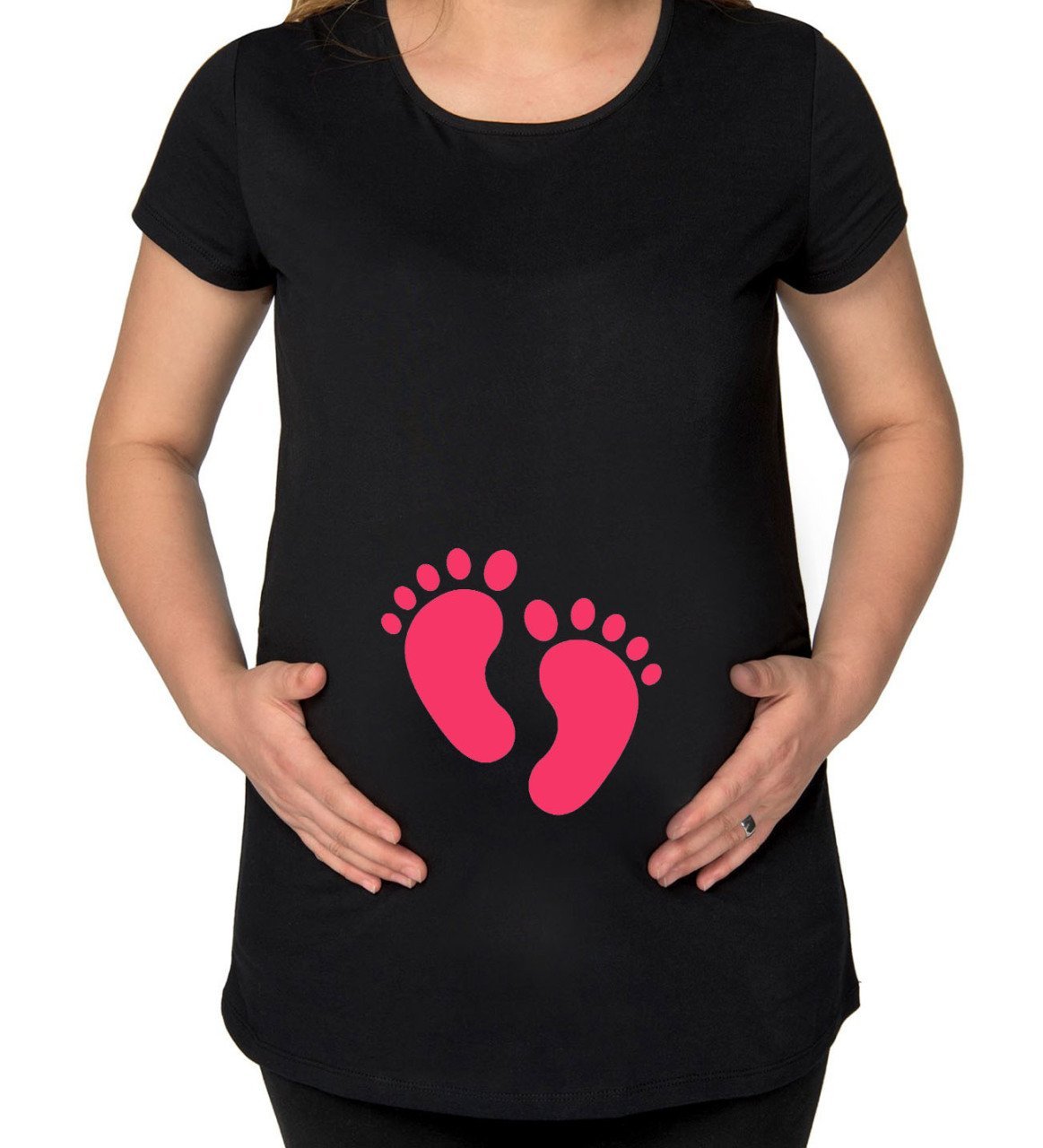 BK Gift Kız Bebek Ayak İzi Tasarımlı Siyah Hamile Tişört-1