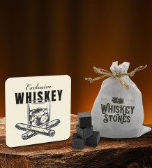 BK Gift Whiskey Tasarımlı Ahşap Bardak Altlığı ve 6’lı Granit Viski Taşı Hediye Seti - Model 1
