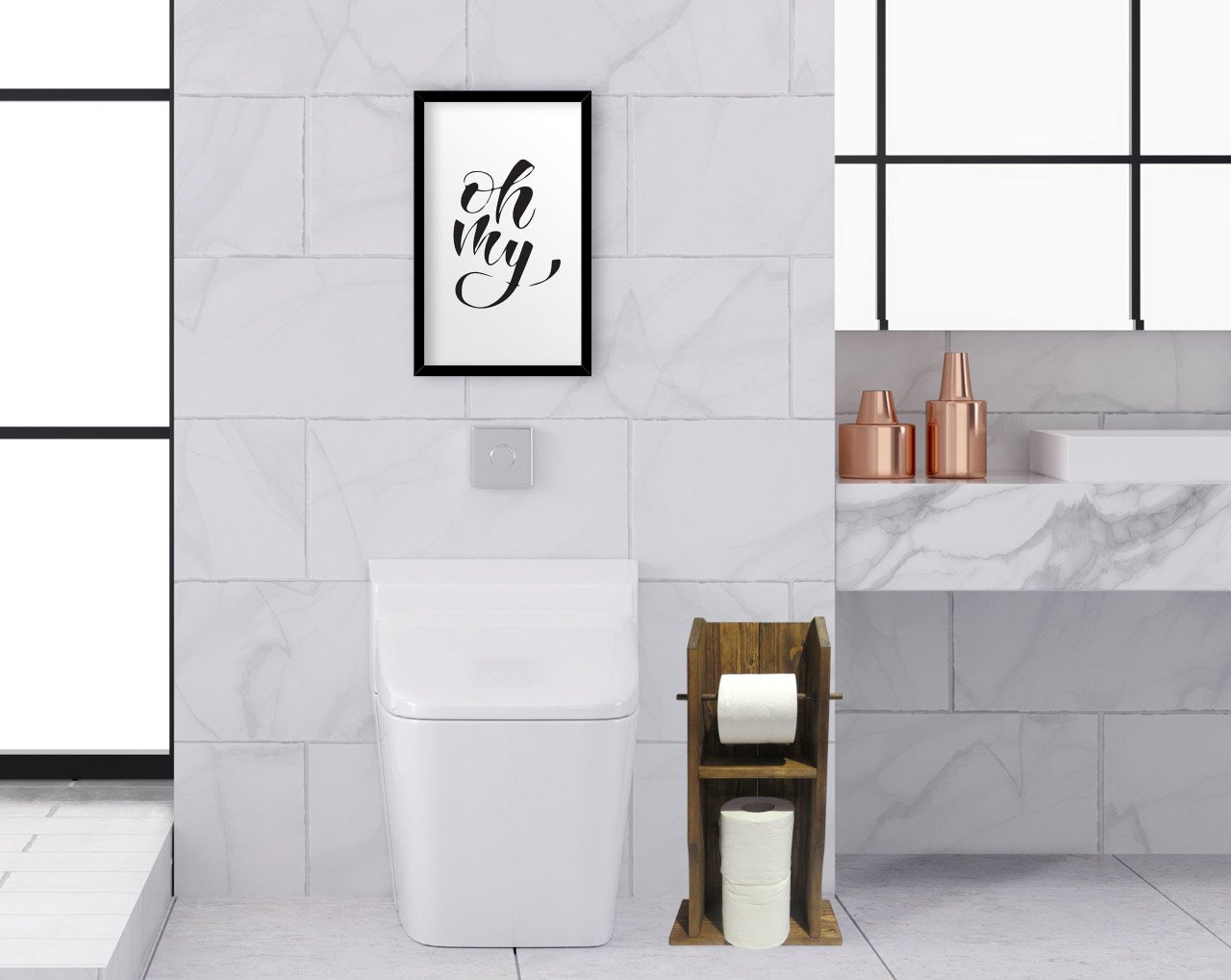 BK Home Doğal Masif Ahşap Tuvalet Kağıtlığı ve Dekoratif Ahşap Siyah Çerçeveli Tablo Seti-5