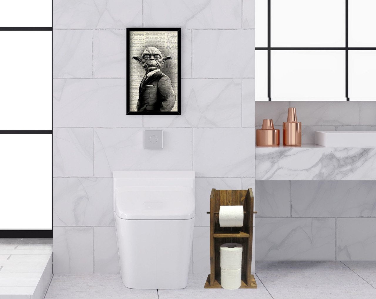BK Home Doğal Masif Ahşap Tuvalet Kağıtlığı ve Dekoratif Ahşap Siyah Çerçeveli Tablo Seti-8