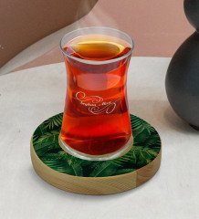 Kişiye Özel Yapraklar Tasarımlı Doğal Ahşap Tabaklı Heybeli Çay Bardağı Model 9