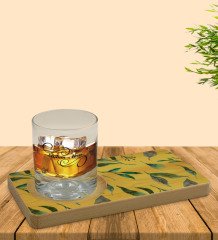 Kişiye Özel Yapraklar Tasarımlı Doğal Ahşap Tabaklı Viski Bardağı Sunum Seti Model 4