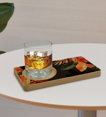 Kişiye Özel Yapraklar Tasarımlı Doğal Ahşap Tabaklı Viski Bardağı Sunum Seti Model 11