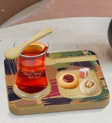 Kişiye Özel Doğal Ahşap Kaşıklı Sunum Tabağı ve Heybeli Çay Bardağı Hediye Seti - Model 4