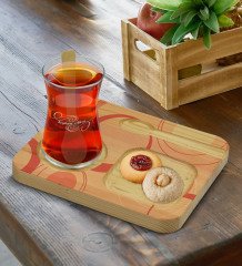 Kişiye Özel Doğal Ahşap Kaşıklı Sunum Tabağı ve Heybeli Çay Bardağı Hediye Seti - Model 5