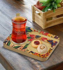 Kişiye Özel Doğal Ahşap Kaşıklı Sunum Tabağı ve Heybeli Çay Bardağı Hediye Seti - Model 10