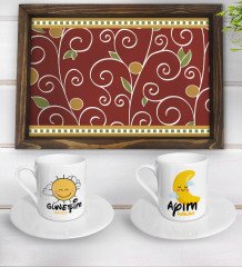 Kişiye Özel Güneşim ve Ayım Tasarımlı 2'li Kahve Fincan Seti ve Doğal Ahşap Tepsi-3