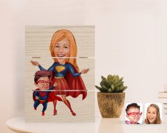 Kişiye Özel Süper Anne ve Çocuk Karikatürlü Otantik Masaüstü Ahşap Palet Çerçeve