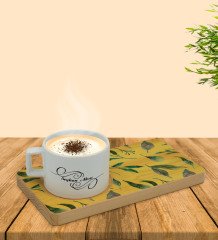 Kişiye Özel Yapraklar Tasarımlı Doğal Ahşap Tabaklı Seramik Fincan Sunum Seti  Model 4