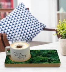 Kişiye Özel Yapraklar Tasarımlı Doğal Ahşap Tabaklı Seramik Fincan Sunum Seti  Model 9