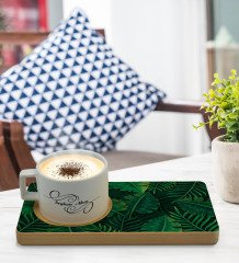 Kişiye Özel Yapraklar Tasarımlı Doğal Ahşap Tabaklı Seramik Fincan Sunum Seti  Model 10
