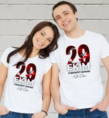 BK Gift 29 Ekim Tasarımlı 2’li Yetişkin Çift Beyaz Tişört-3, 29 Ekim Hediyesi, Trend Tişört, 100.Yıl Hediyesi