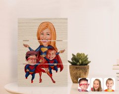 Kişiye Özel Süper Anne ve Süper Çocuklar Karikatürlü Otantik Masaüstü Ahşap Palet Çerçeve-1