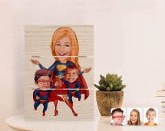Kişiye Özel Anneler Günü Temalı Süper Anne ve Çocuklar Karikatürlü Otantik Masaüstü Ahşap Palet Çerçeve-1
