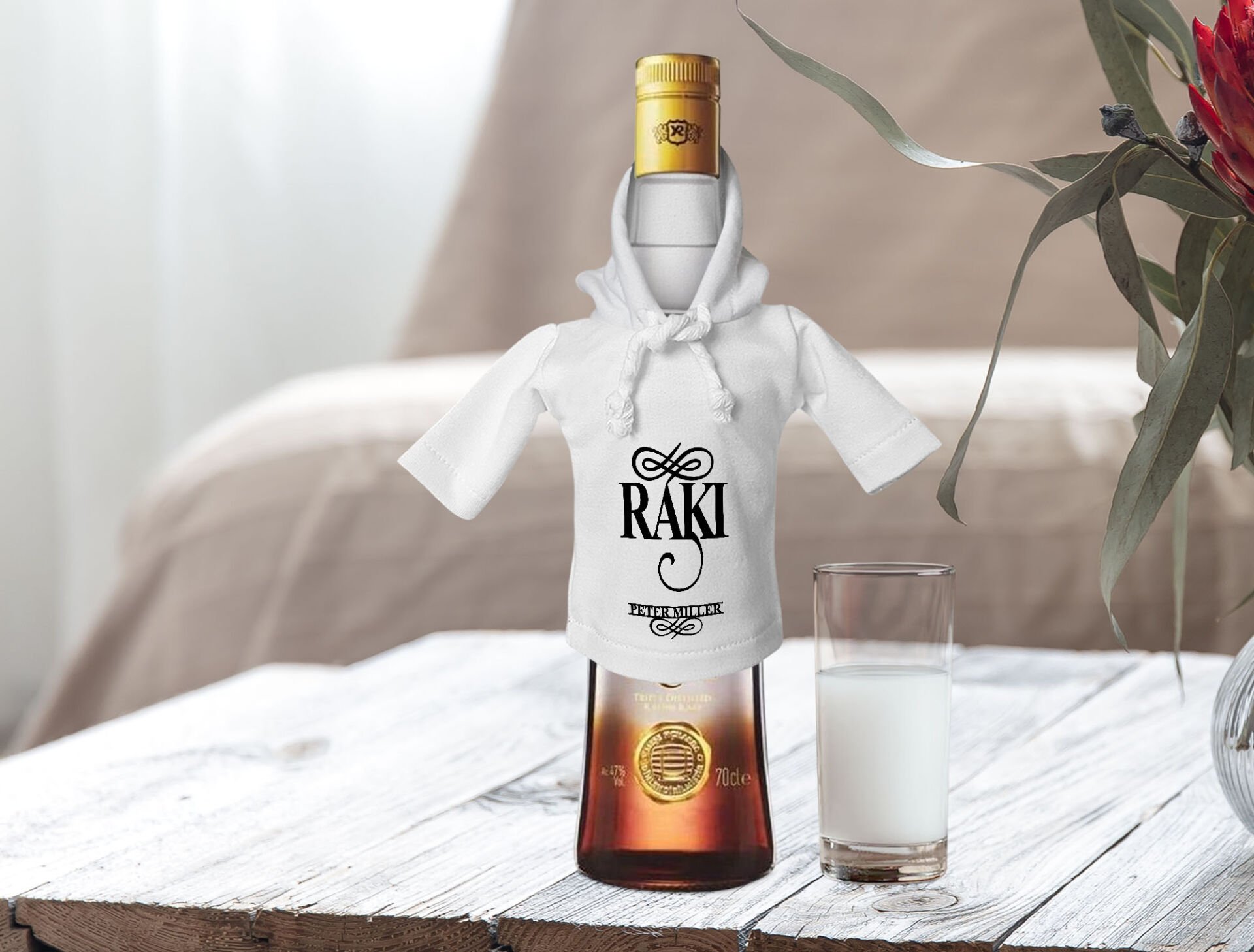 BK Gift Kişiye Özel Mini Beyaz İçki Şişesi Tişörtü , Ev Bar Dekoru, Rakı, Rakı Şişesi Tişörtü, Ev Barı-6