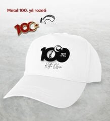 BK Gift 100. Yıl Hatırası Beyaz Şapka ve Gold Metal Rozet Hediye Seti-1, 29 Ekim Hediyesi, Cumhuriyet Bayramı, 100.Yıl Hediyesi