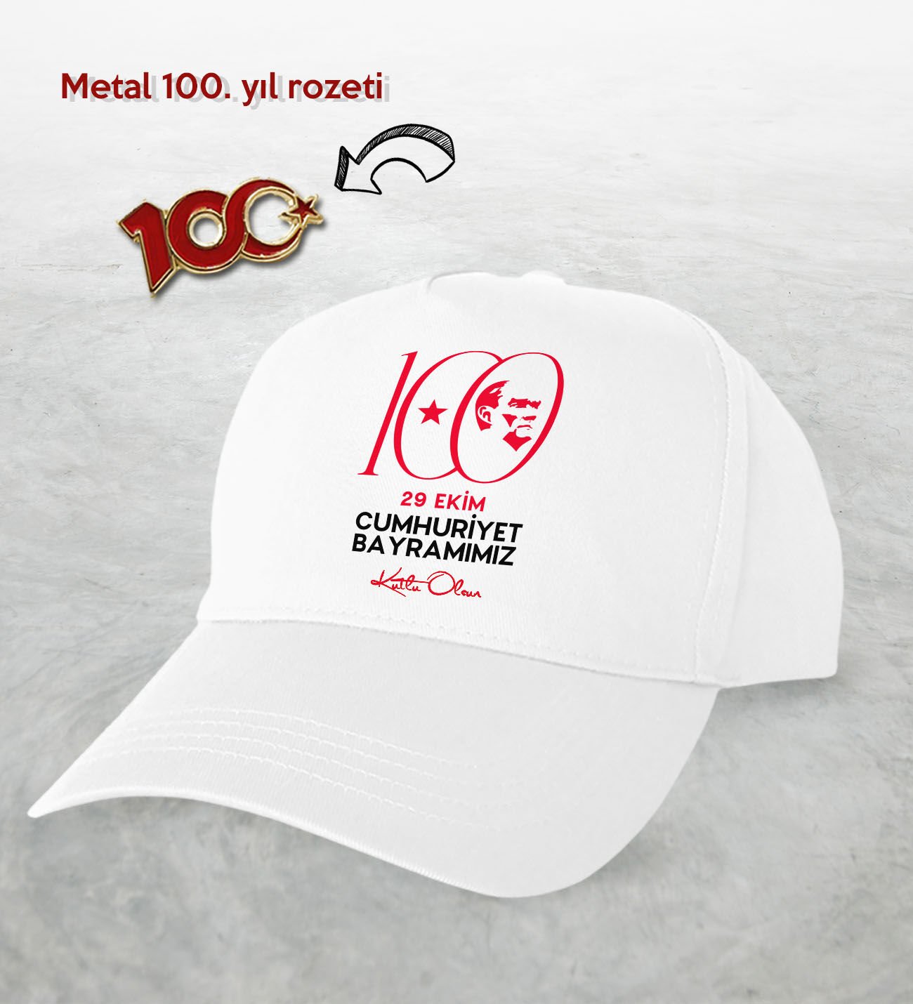 BK Gift 100. Yıl Hatırası Beyaz Şapka ve Gold Metal Rozet Hediye Seti-4, 29 Ekim Hediyesi, Cumhuriyet Bayramı, 100.Yıl Hediyesi