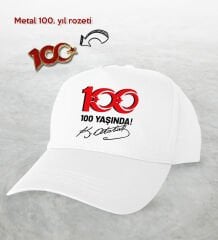 BK Gift 100. Yıl Hatırası Beyaz Şapka ve Gold Metal Rozet Hediye Seti-5, 29 Ekim Hediyesi, Cumhuriyet Bayramı, 100.Yıl Hediyesi