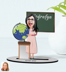 Kişiye Özel Kadın Coğrafya Öğretmeni Karikatürlü Ahşap Biblo Model-1