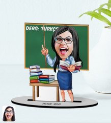 Kişiye Özel Kadın Türkçe Öğretmeni Karikatürlü Ahşap Biblo Model-1