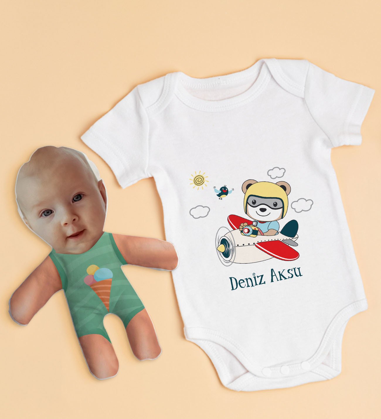BK Kids Kişiye Özel Fotoğraflı Bebek Yastık ve Bebek Body Zıbın Hediye Seti - Model 52