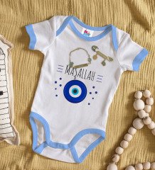 BK Kids Kişiye Özel Maşallah Tasarımlı Mavi Bebek Body Zıbın Erkek Bebek Künyesi ve İğnesi Hediye Seti-1
